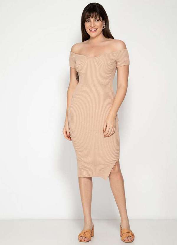 Vestido Ombro A Ombro Midi Tric Fenda Pink Tricot Luxo Feminino Nude