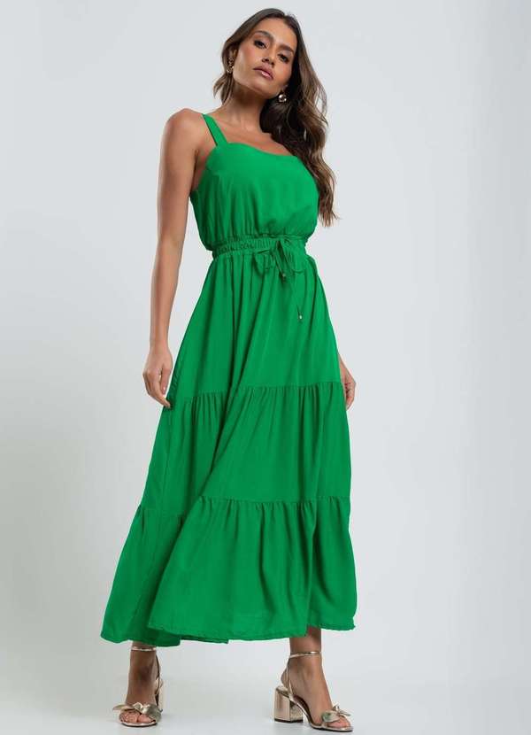 Vestido Midi Babado Amarração Viscolinho Fashion Verde Salvatore Fashion