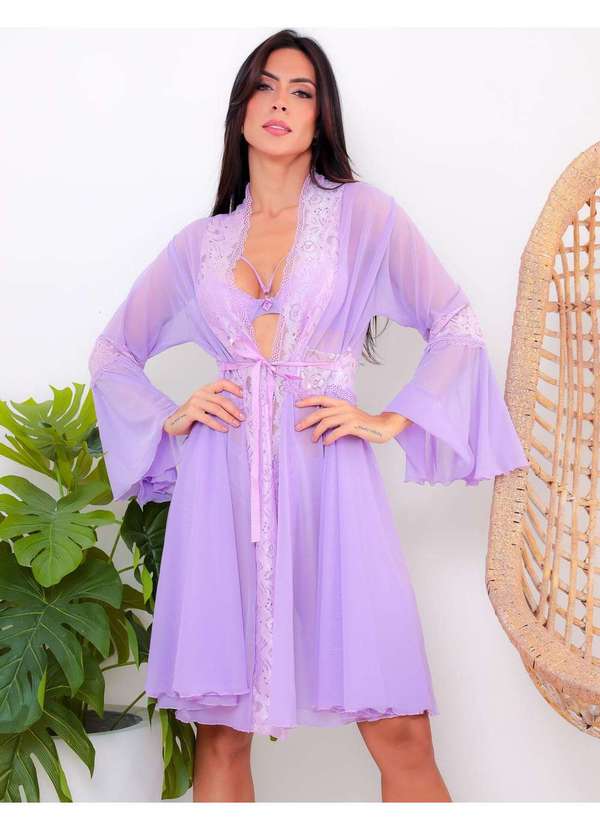 Conjunto Feminino De Lingerie Robe Em Renda E Tule Roxo Fitmoda