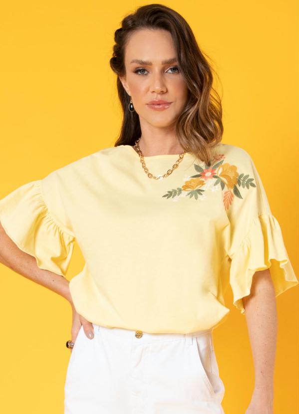 Blusa Amarelo Bordado Em Floral E Mangas Quintess