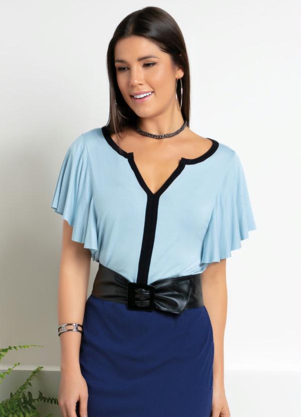 Blusa Azul Mangas Curtas Em Babados Quintess