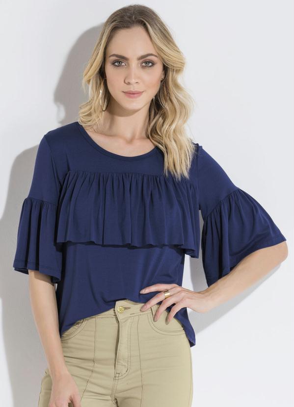 Blusa Azul Quintess Babados Frente E Mangas Quintess