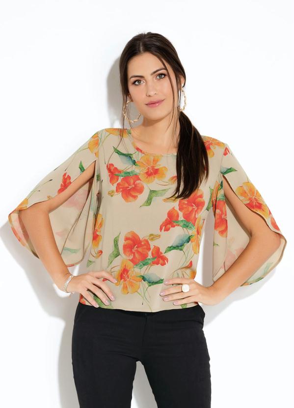 Blusa Floral Bege Mangas Amplas E Vazadas Quintess