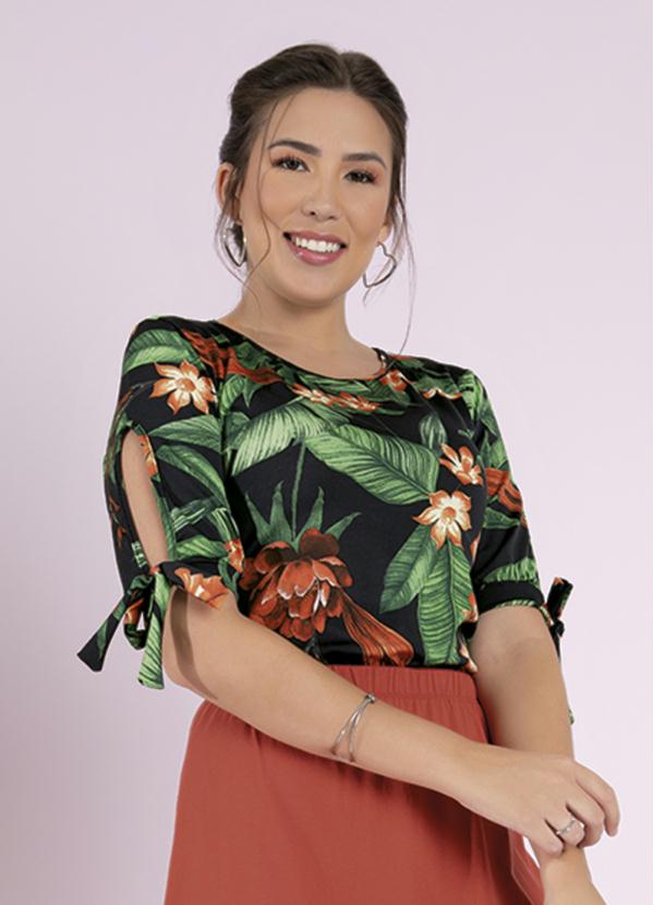 Blusa Floral Preta Manha 3 4 Moda Evangélica Queima de Estoque