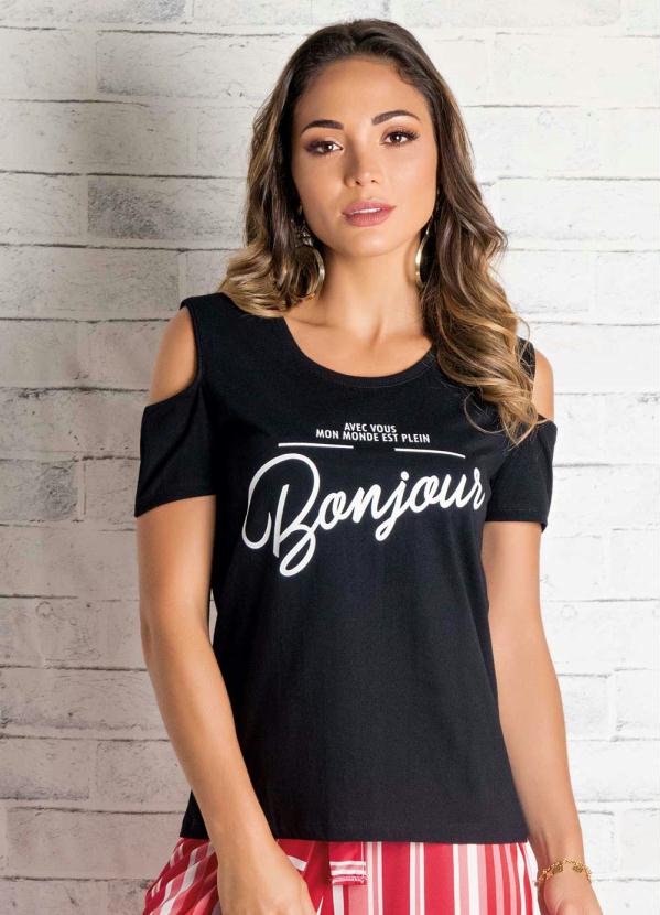 Blusa De Ombros Vazados Preta Estampa Queima De Estoque