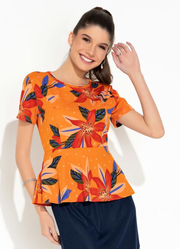 Blusa Floral Laranja Peplum Moda Evang Lica Rosalie