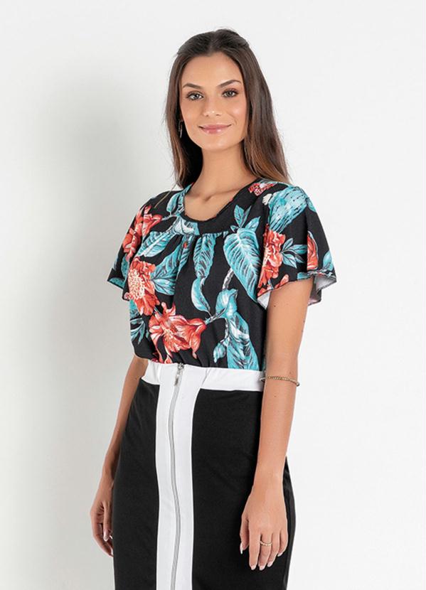 Blusa Floral Preta Franzido Moda Evangélica Queima de Estoque