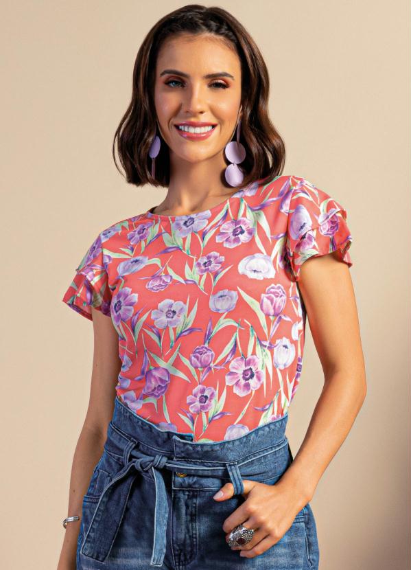 Blusa Floral Rosa Mangas Duplas Quintess