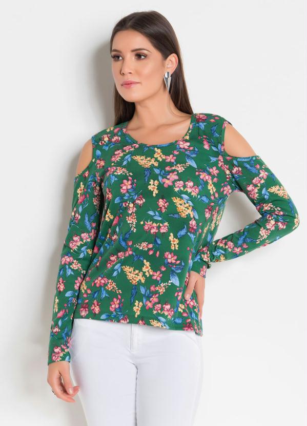 Blusa Manga Longa Ombro Vazado Floral Queima De Estoque