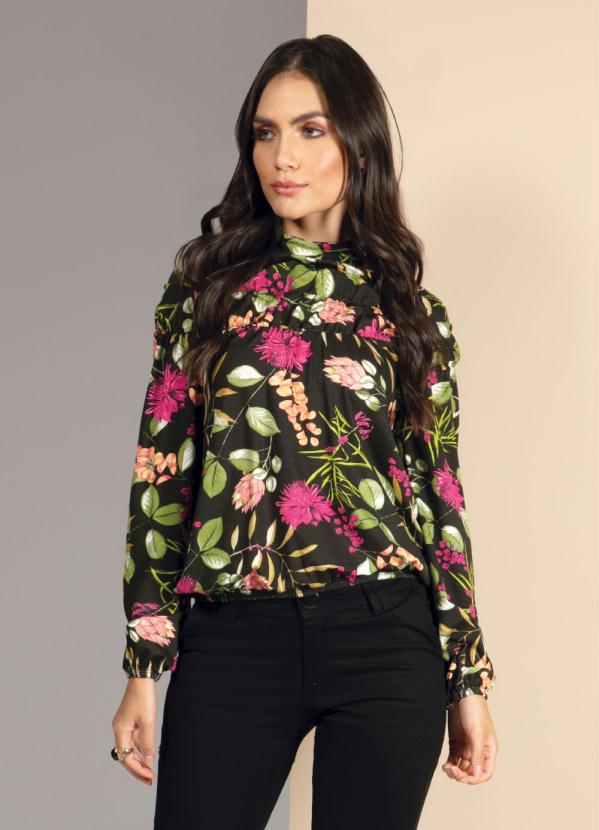 Blusa Manga Longa Floral Preta Quintess