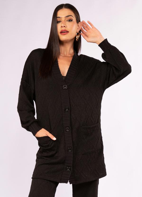 Cardigan Alongado Em Tricot Preto Doce Trama