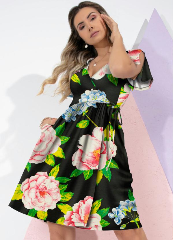 Vestido Floral Dark Transpassado Quintess