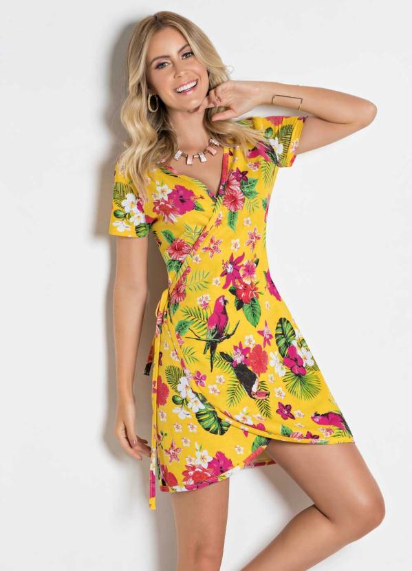 Vestido Floral E Amarelo Transpasse Queima De Estoque