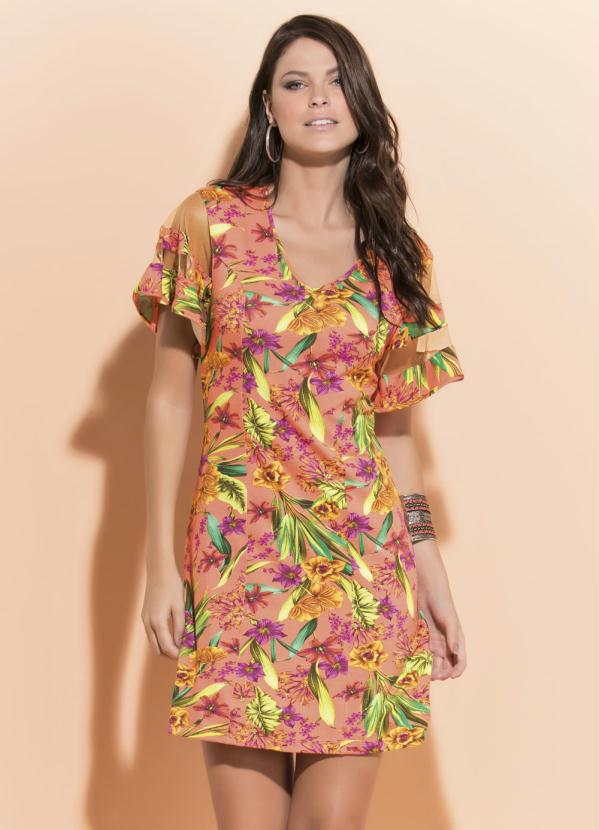 Vestido Quintess Tropical Tule Nas Mangas Queima De Estoque