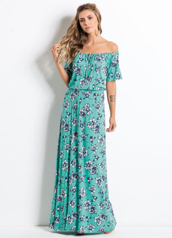 Quintess Vestido Longo Floral Turquesa Ombro A Ombro