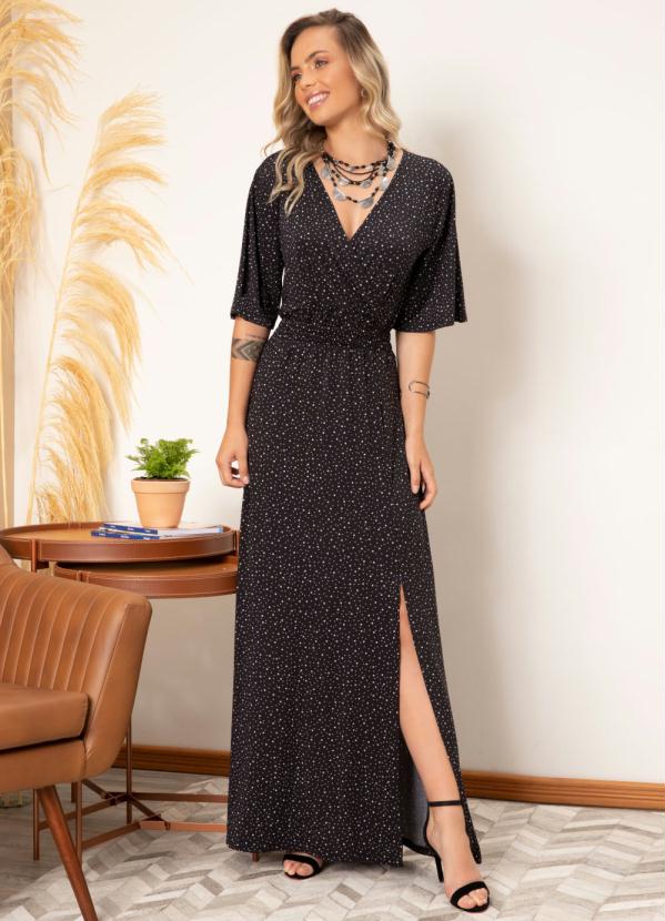 Vestido Longo Po Preto Transpassado Fenda Quintess