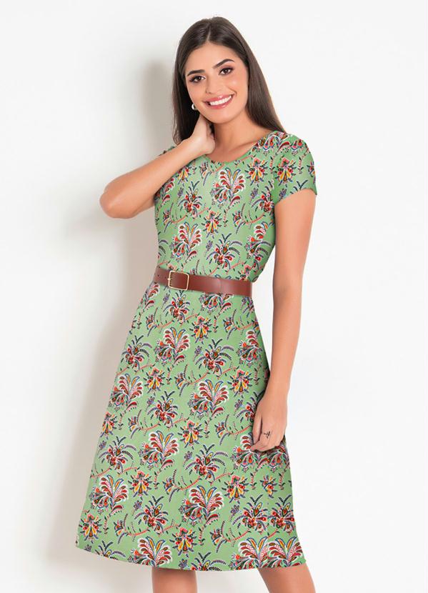 Vestido Gola Redonda Floral Verde Rosalie