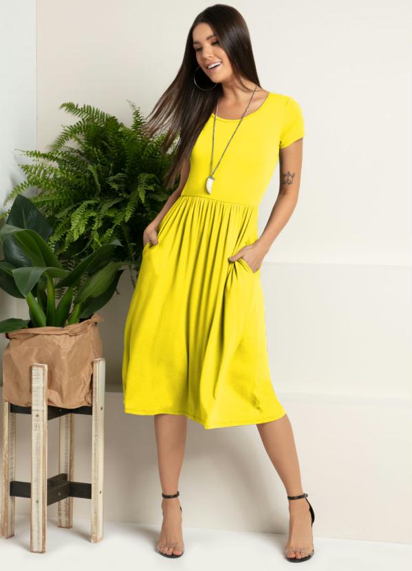 Vestido Midi Amarelo Acinturado Bolsos Quintess