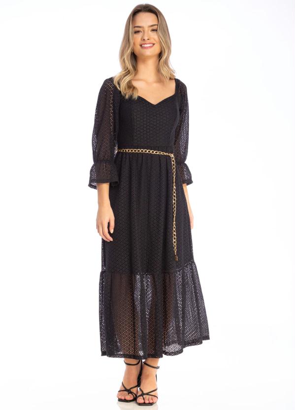 Vestido Midi De Em Renda Laise Preto Doce Trama