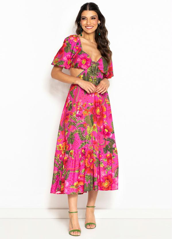 Vestido Midi De Viscose Florescer Rosa Farm