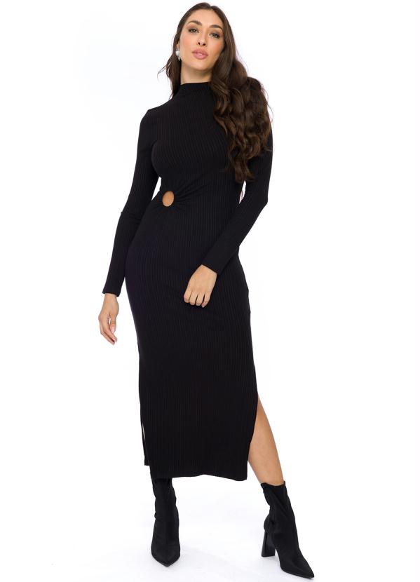 Vestido Midi Manga Longa Ribana Canelada Preto Doce Trama