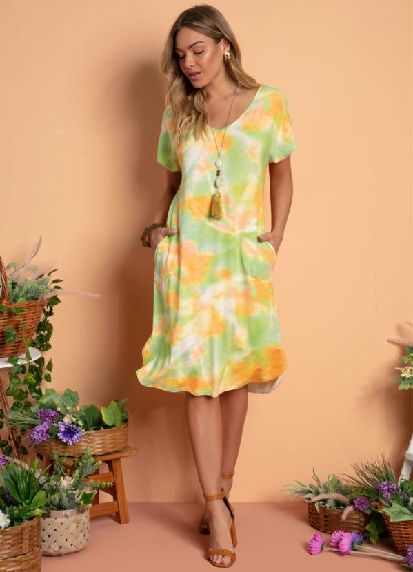 Vestido Tie Dye Verde E Laranja Bolsos Quintess