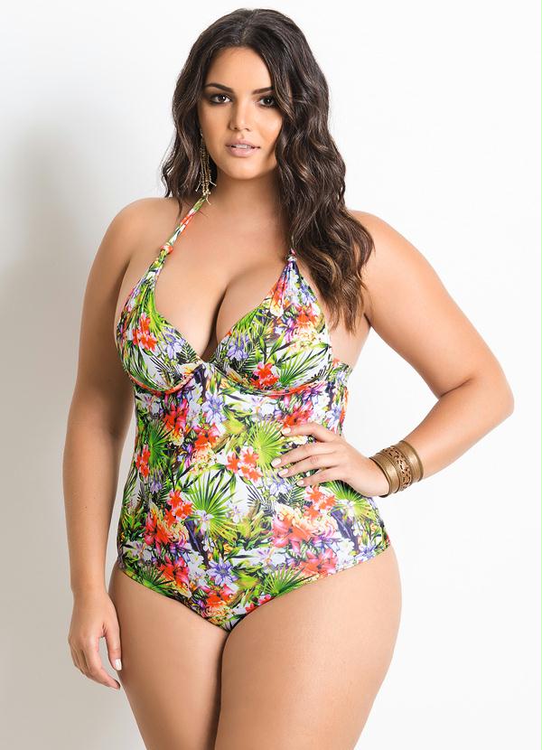 Mai Decote V Estampa Tropical Plus Size Quintess