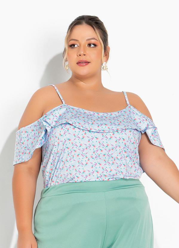 Blusa Floral Liberty Azul Babado Plus Size Marguerite