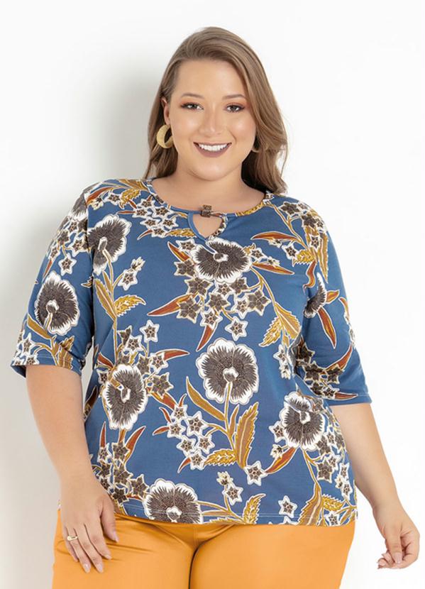 Blusa Floral Detalhe No Decote Plus Size Marguerite