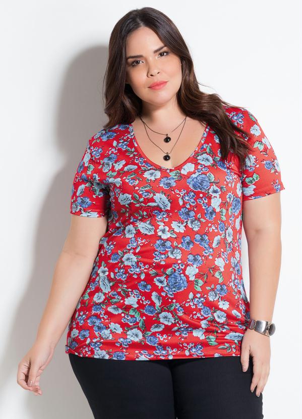 Blusa Floral Decote V Plus Size Marguerite Marguerite