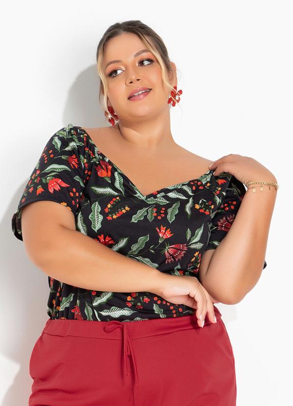 Blusa Floral Preta Decote Princesa Plus Size Marguerite