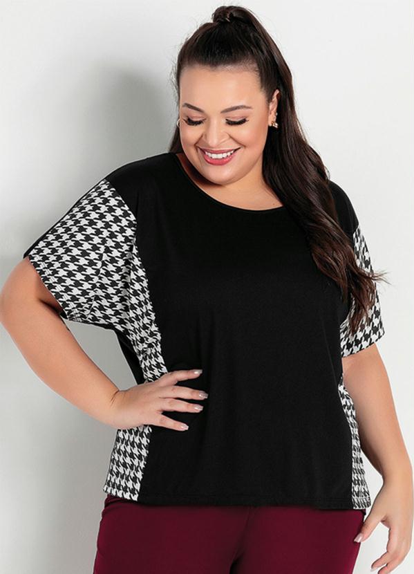 Blusa Pied De Poule Preta Recortes Plus Size Marguerite