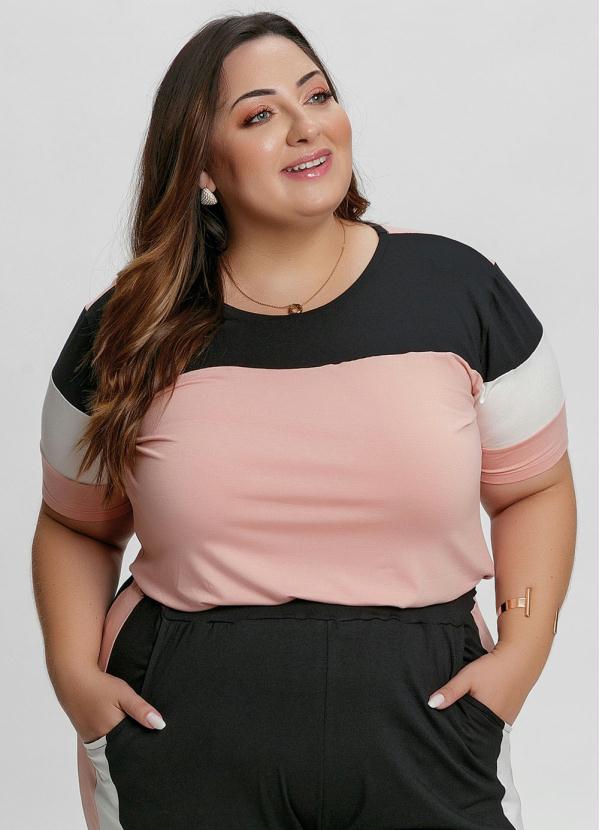 Blusa Plus Size Rosa Preta Branca Recortes Mink