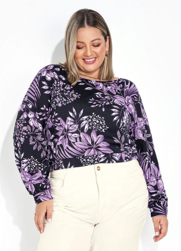 Blusa Folhas Roxa Costas Vazadas Plus Size Marguerite