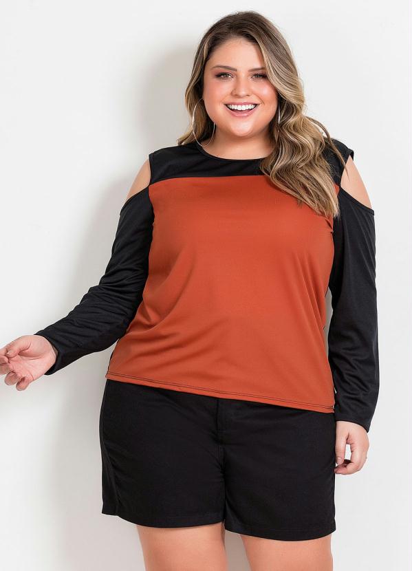 Blusa Preta E Terracota Recortes Plus Size Marguerite