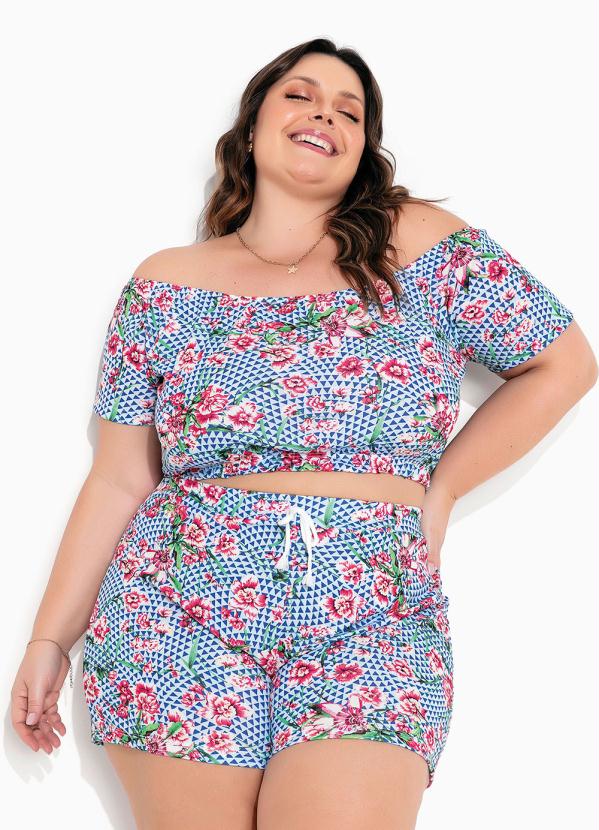 Conjunto Floral Azul Blusa E Short Plus Size Marguerite