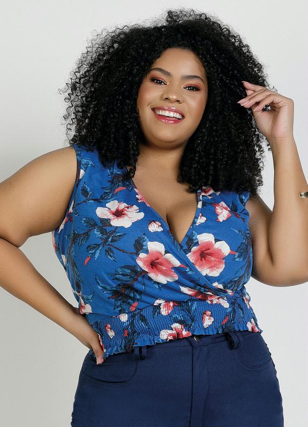 Cropped Floral Azul Transpassado Plus Size Marguerite