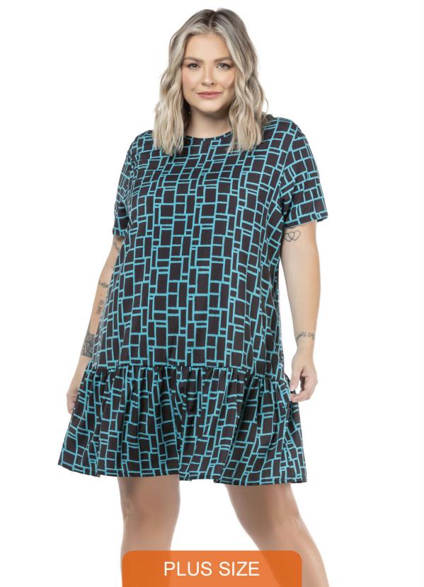 Vestido Babado Na Barra Plus Size Azul Donna Peck