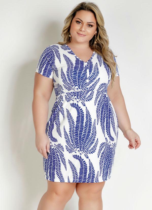 Vestido Curto Folhagem Azul Fendas Plus Size Marguerite