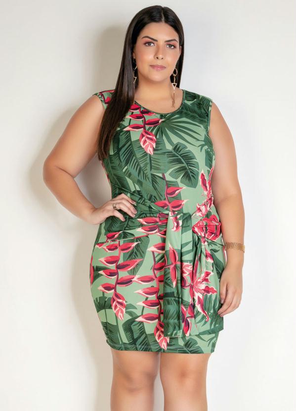 Vestido Curto Folhagem Verde Faixa Plus Size Marguerite