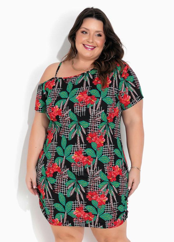 Vestido Floral Preto Assimétrico Plus Size Marguerite