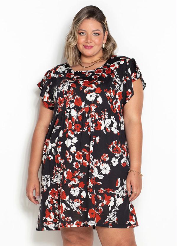 Vestido Floral Preto Franzidos Plus Size Marguerite