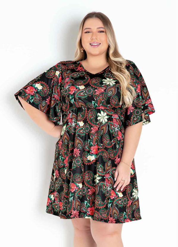 Vestido Floral Preto Mangas Amplas Plus Size Marguerite