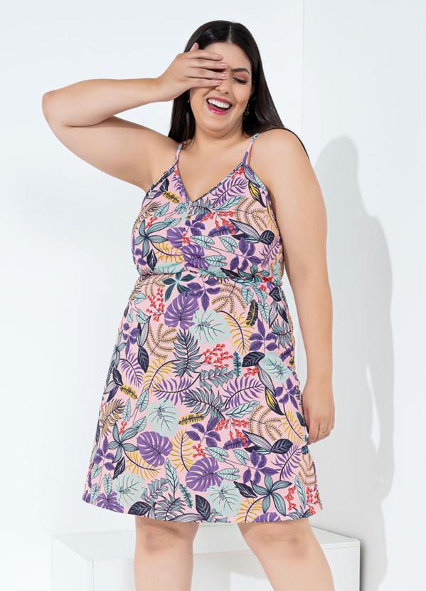 Vestido Folhagem Rosa Elástico Plus Size Marguerite