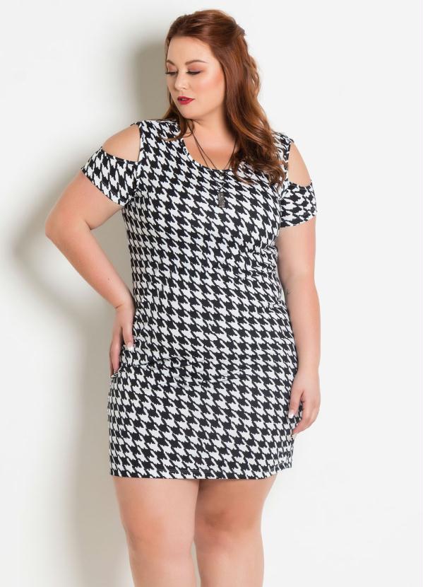 Vestido Ombros Vazados Pied Poule Plus Size Marguerite