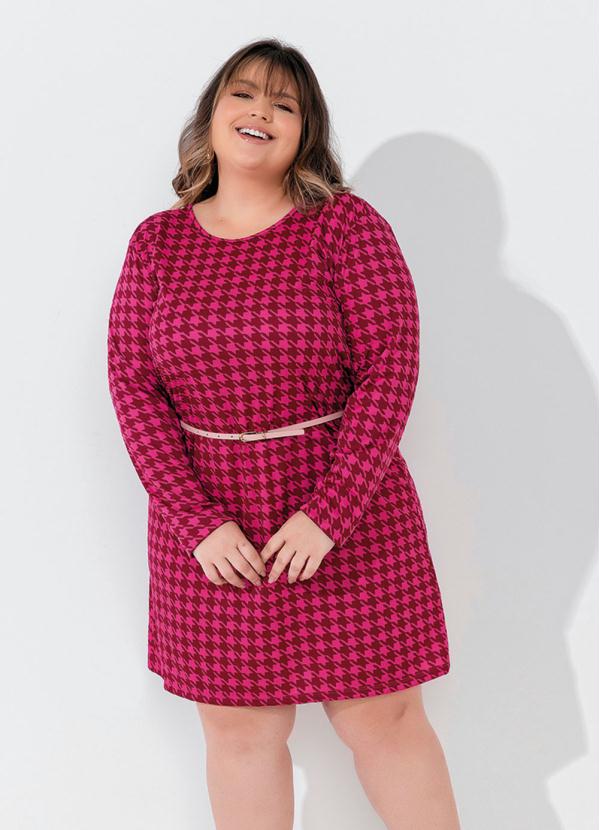 Vestido Pied De Coq Pink Mangas Plus Size Marguerite