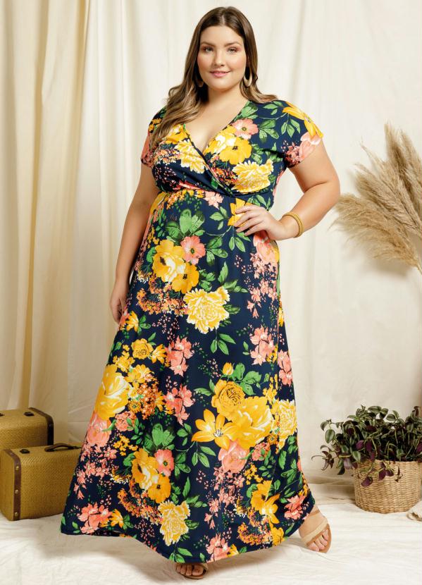 Vestido Longo Floral Azul Transpasse Plus Size Marguerite