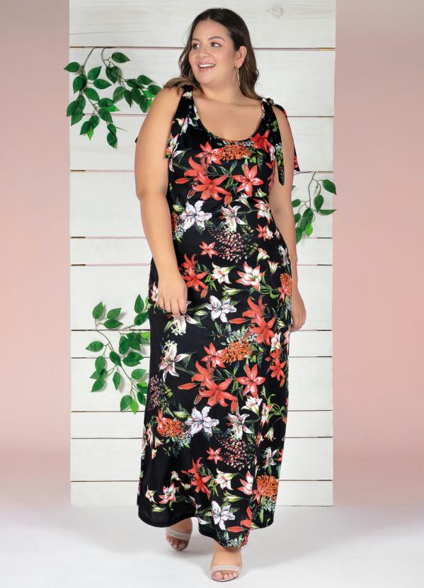 Vestido Longo Floral Amarração Plus Size Marguerite