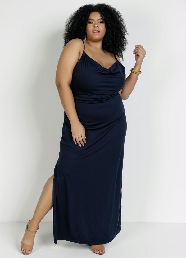 Vestido Longo Marinho Decote Degagê Plus Size Marguerite