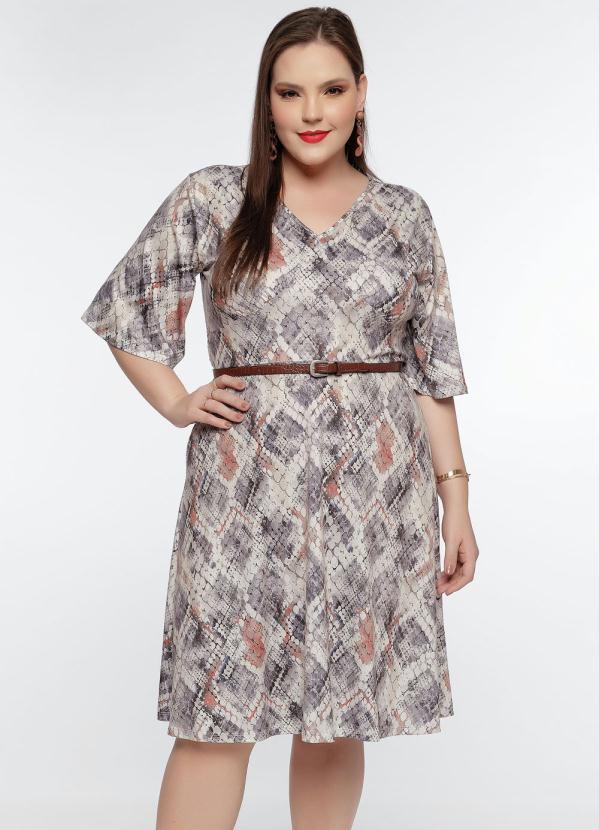 Vestido Plus Size Piton Mangas Evasê Mink